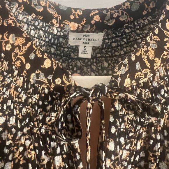 Mason & Belle Cathia Black Ditzy Floral Peasant Blouse Tassel Neck Ties Small - Picture 5 of 8